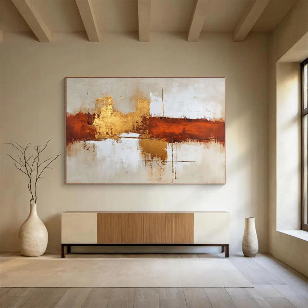 “Brown Gold White Abstract Horizons” - Brown, gold, white, beige; Abstract horizons with gold reflections HB1291