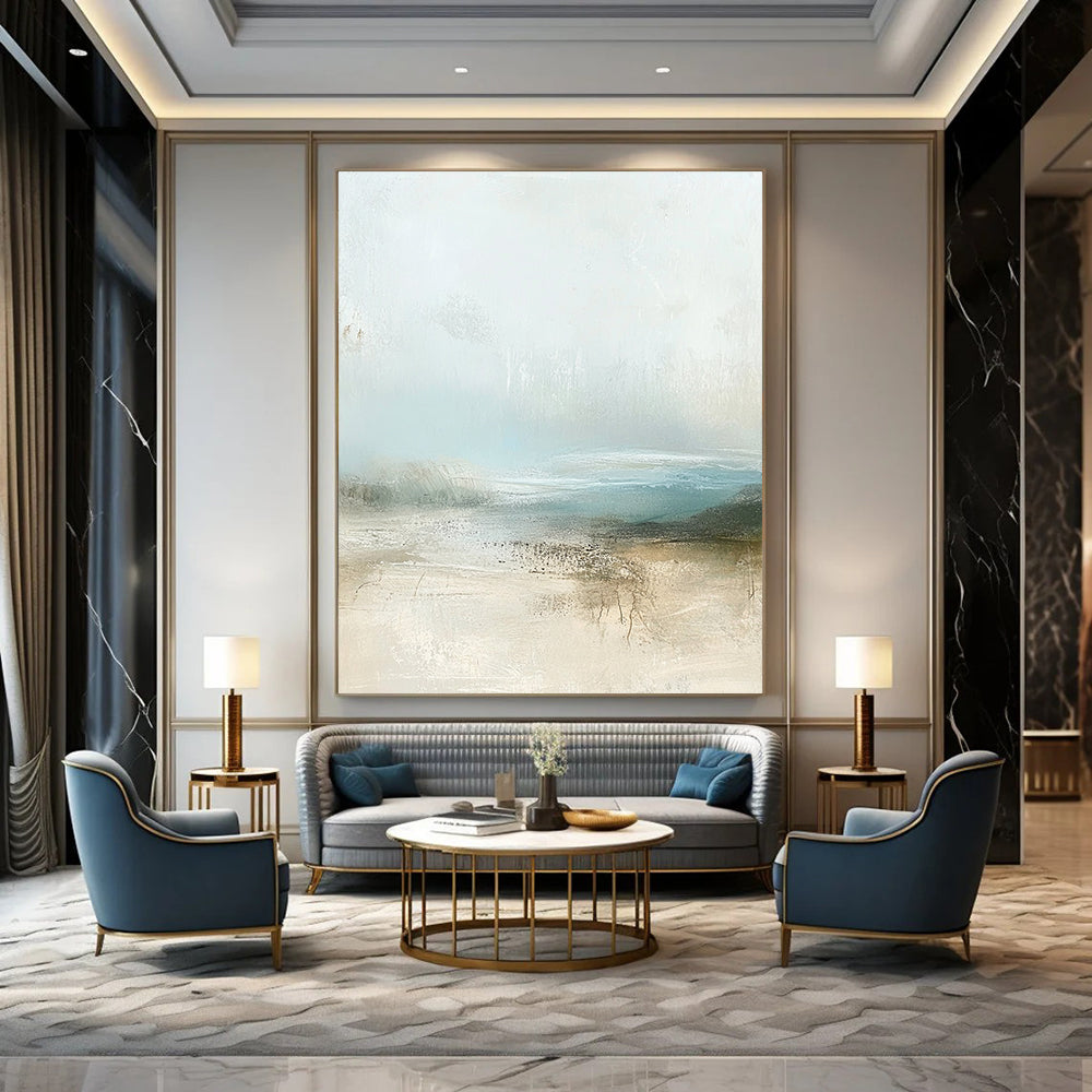 Contemporary abstract painting featuring muted pastel colors and calming beige and pale blue tones with soft atmospheric clouds. DLZ0282