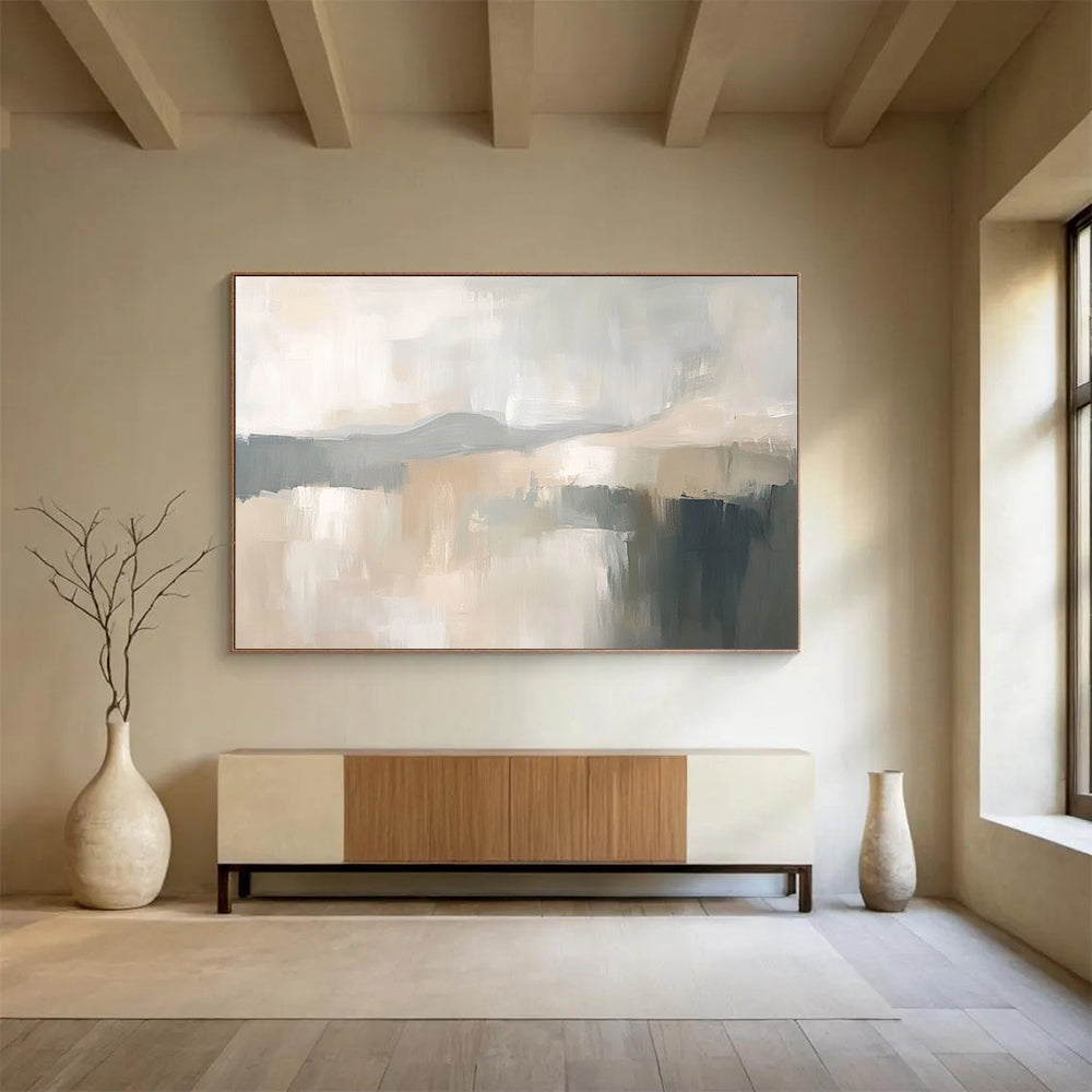“Ethereal Gray Landscape” - Soft Grays, Beiges, and Whites, Dreamy Abstract Landscape with Hints of Water Painting On Canvas HB0914