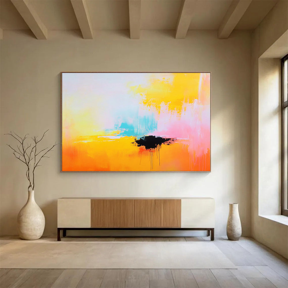 “Bright Abstract with Black Accent” - Yellow, pink, blue, black; Bright abstract with a bold black shape; Acrylic Painting On Canvas HB1277