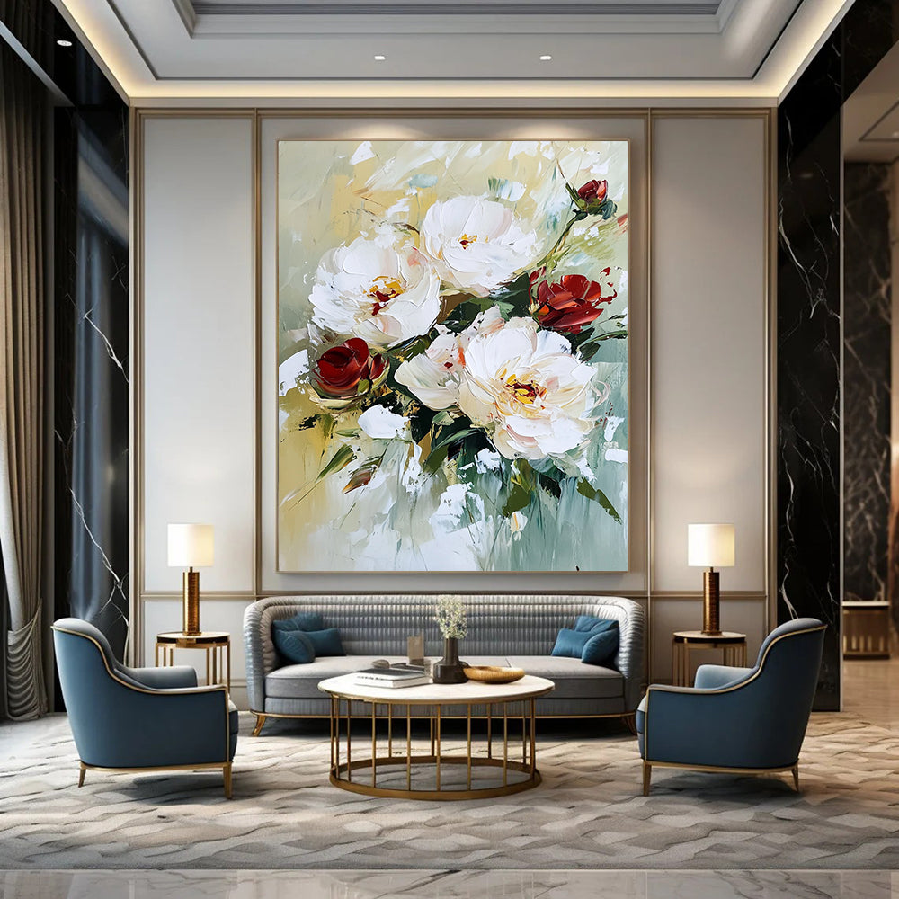 Contemporary abstract painting featuring textured white peonies and red roses with vibrant brush strokes and a soft, natural background. DLZ0673