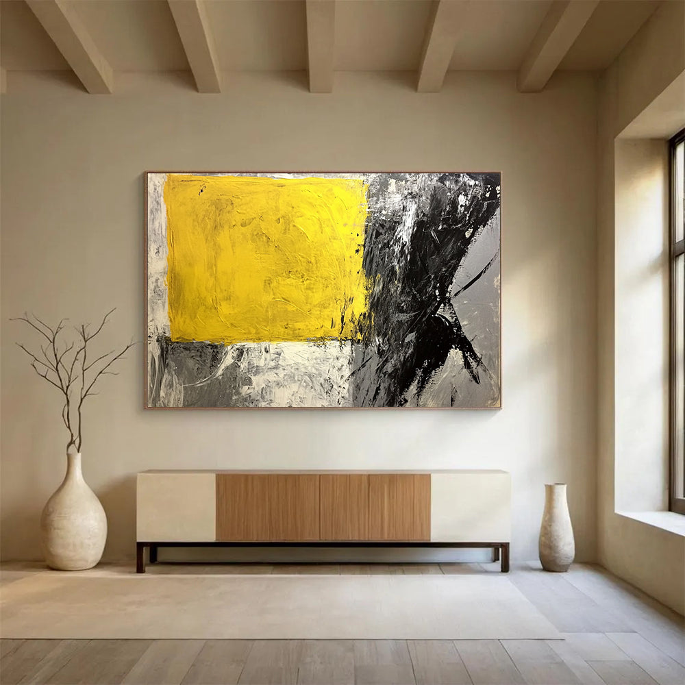 “Yellow - Black Abstract Blocks” - Yellow, Black, Gray - Painting On Canvas HB1409