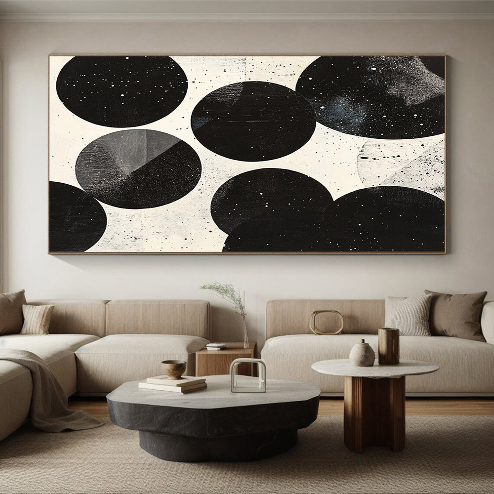 Black, White, Spotted Circles "Cosmic Sphere Dots" Abstract Minimalist Painting On Canvas HB179