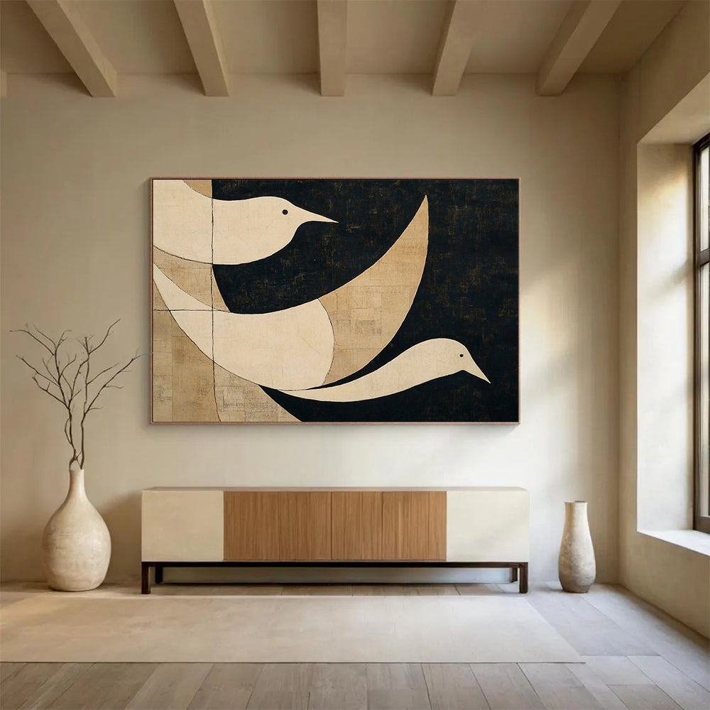 “Minimalist Birds” - White, black, beige, Minimalist Animal Painting HB0635