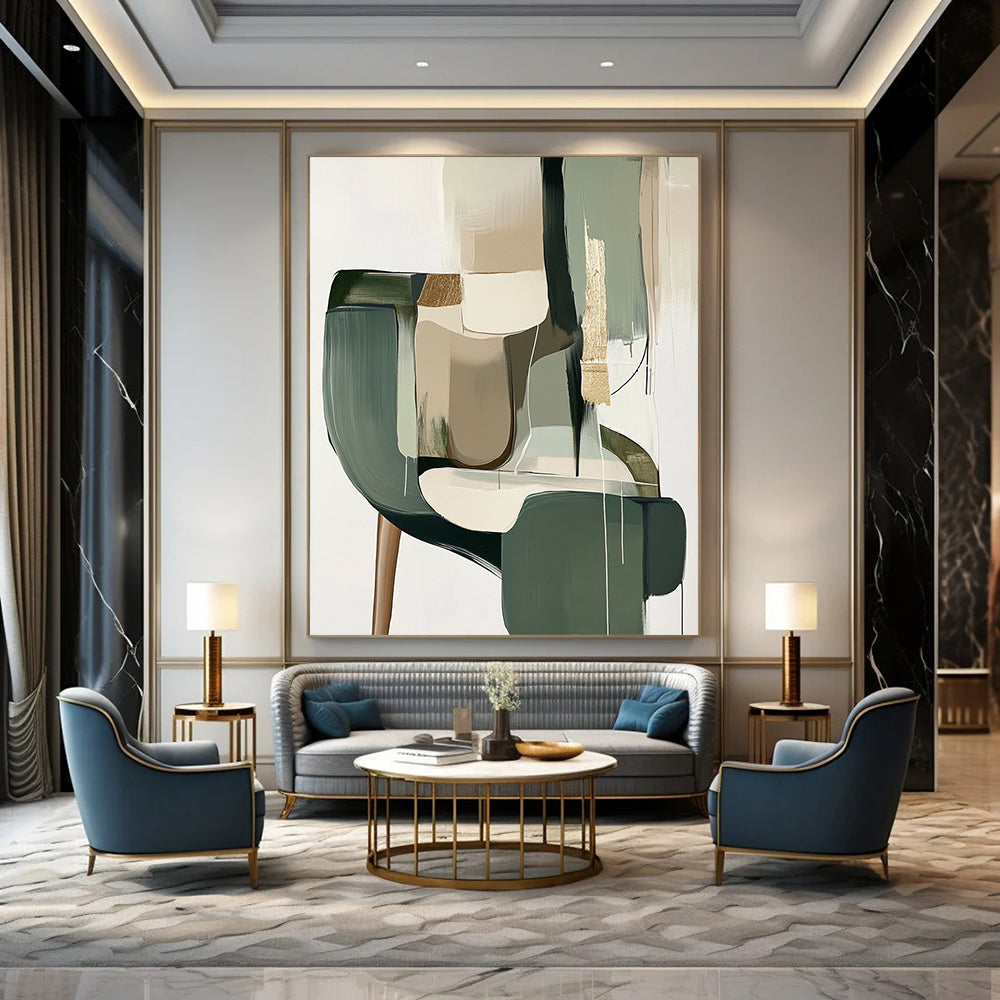Contemporary hand-painted abstract artwork features muted sage green and neutral tones with gold foil accents and geometric shapes in a minimalistic Japandi style. DLZ0512