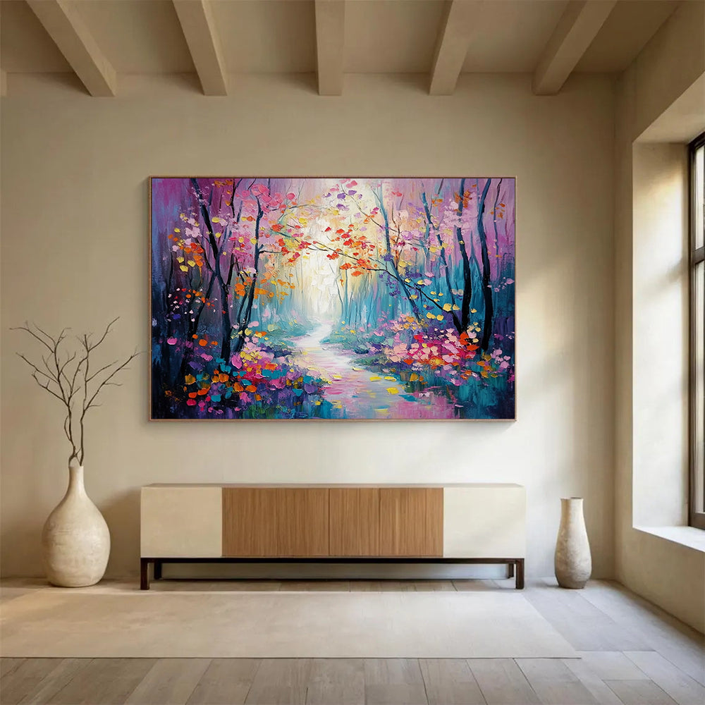 “Colorful Enchanted Forest Path” - Purple, Pink, Yellow, Blue, Flower - Lined Path - Whimsical Oil Painting HB1700