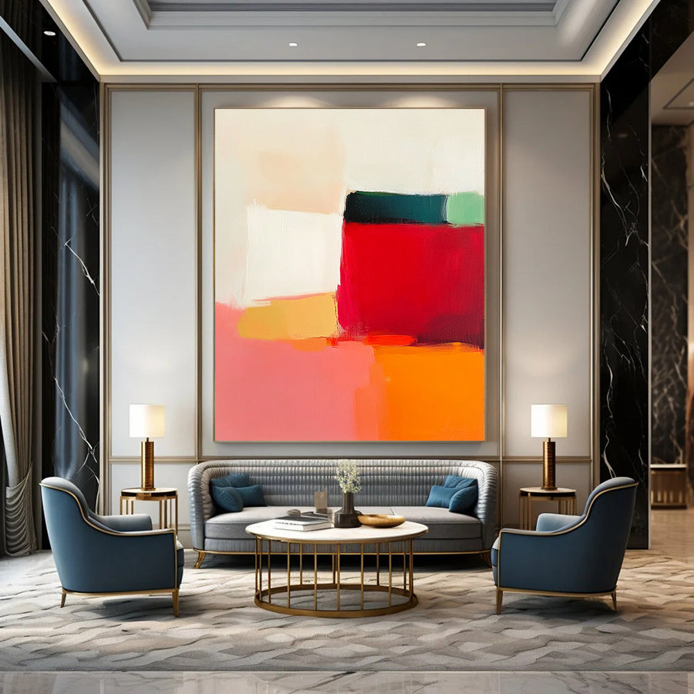 Contemporary hand-painted abstract artwork featuring vibrant reds pinks oranges yellows and whites creating a serene minimalist landscape with soft edges and subtle gradients. DLZ1361