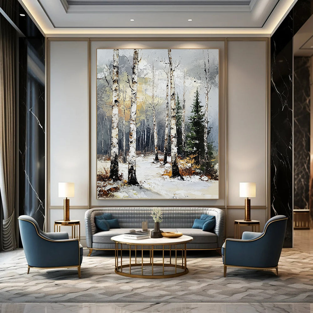 Contemporary abstract artwork featuring a birch forest in winter with textured brush strokes and a muted color palette of gray, white, and yellow. DLZ1673