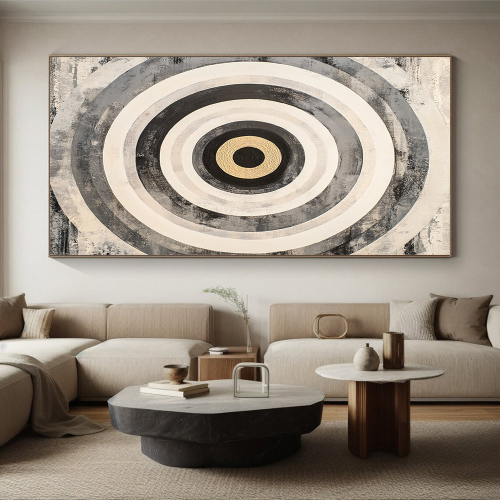 Black, White, Gray and Gold Concentric Circles "Subtle Vortex" Painting On Canvas HB382