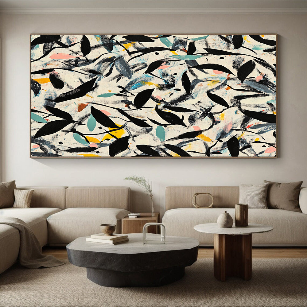 Black, Green, Blue, Yellow, Leafy Chaos "Botanical Burst" Abstract Expressionist Painting On Canvas HB081