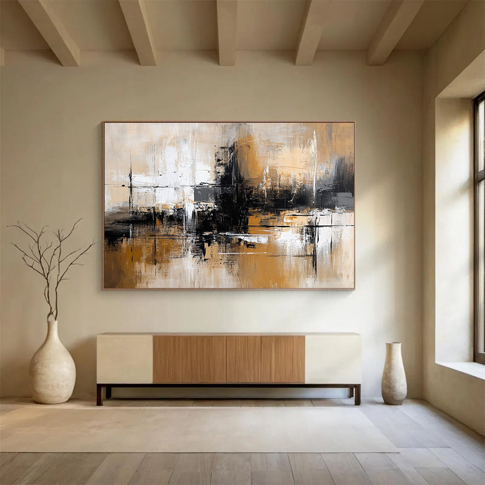 “Brown and Gray Abstract Cityscape” - Brown, gray, white, black; Abstract cityscape with a moody atmosphere; Acrylic Painting On Canvas HB1264