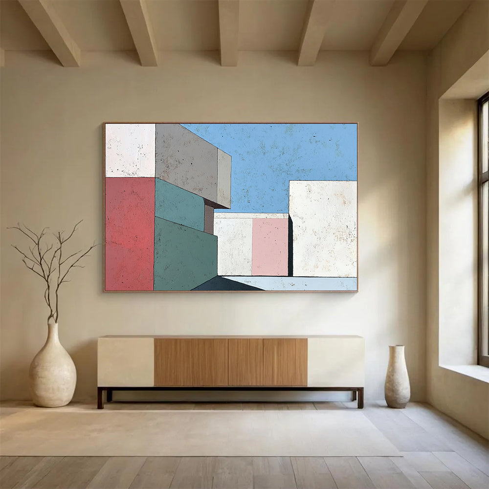 “Pastel Geometric Architecture” - Pink, Green, Blue, Abstract Buildings - Modernist Acrylic Painting HB1499