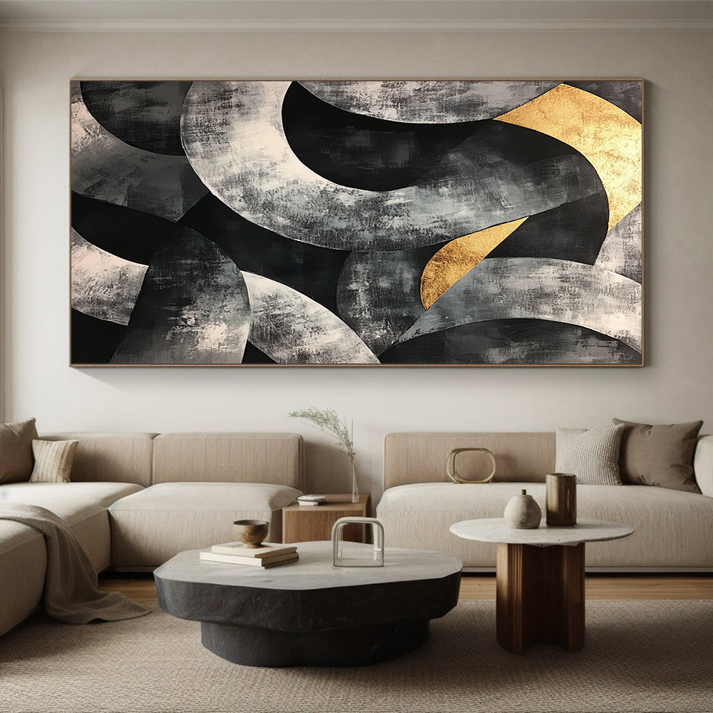 Gray, Black, Gold and Silver Geometric Abstraction "Complex Circles" Painting On Canvas HB400
