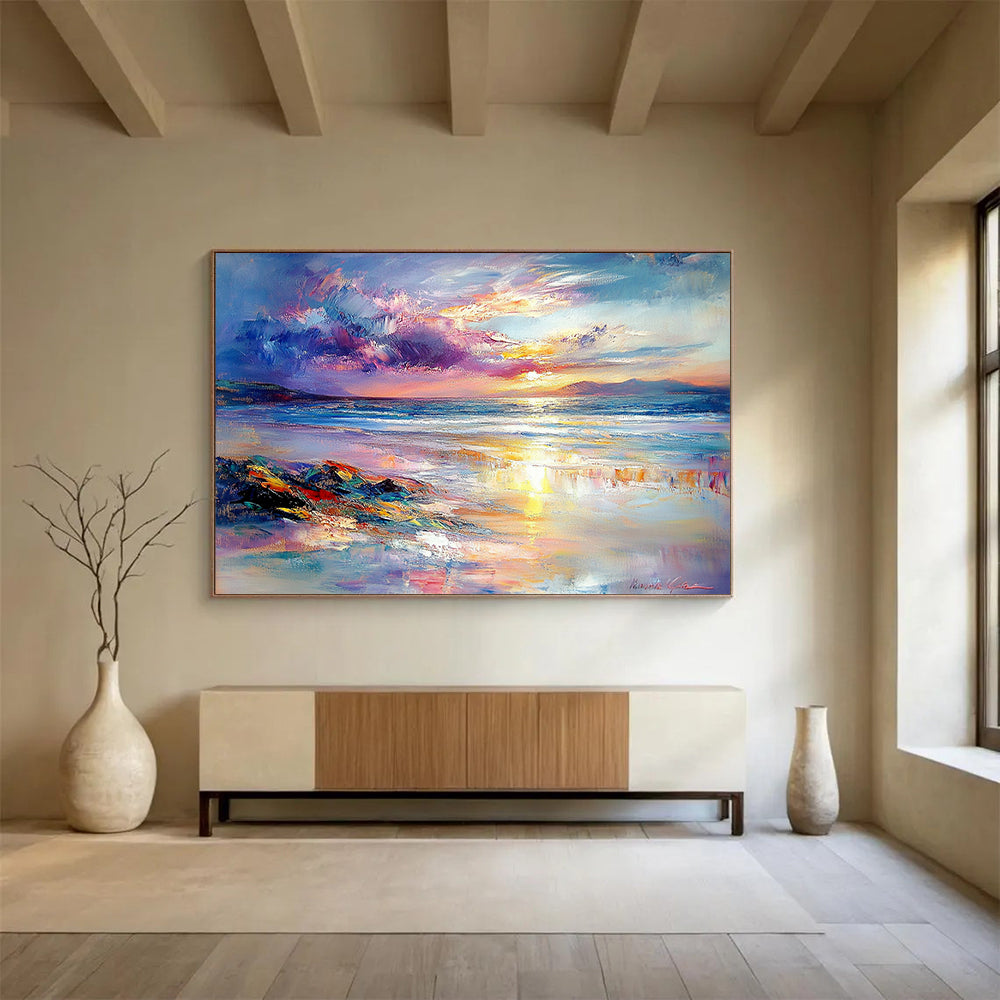“Colorful Coastal Sunset” - Purple, Pink, Orange, Blue, Beach and Sky - Impasto Oil Painting HB1702