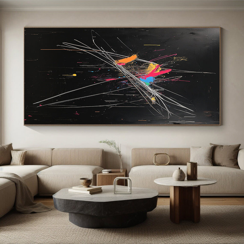 Black, Colorful Blobs, White Strokes "Dynamic Fusion" Abstract Painting On Canvas HB022
