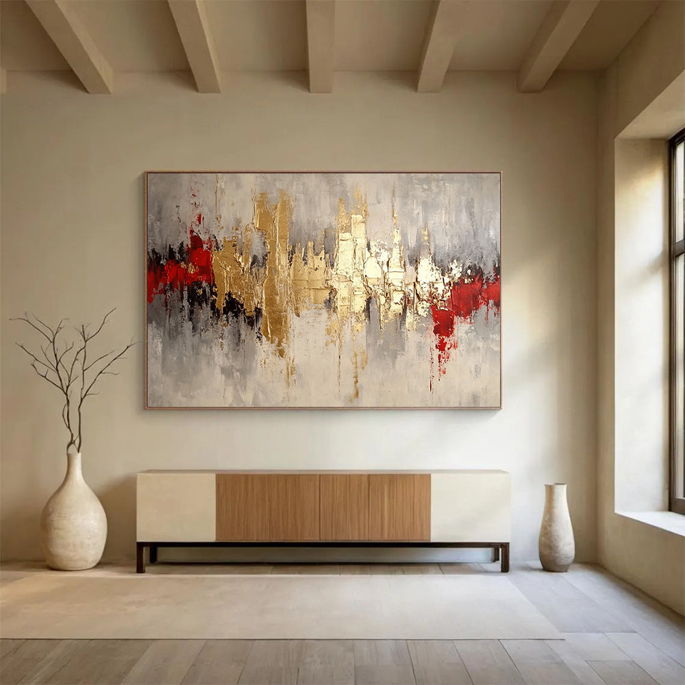 “Gilded Cityscape” - Gold, Gray, Red, Textured Abstract Skyline Painting On Canvas HB1042