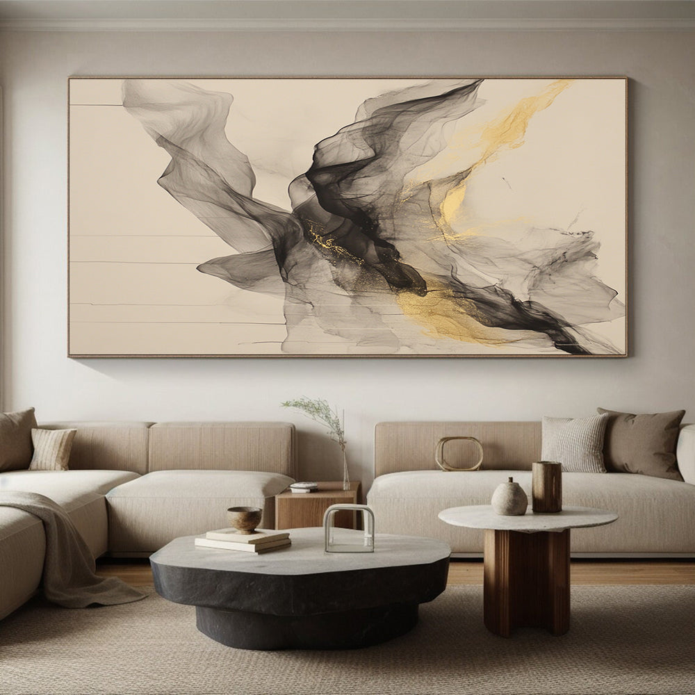 Beige, Gray, Gold, Flowing Shapes "Golden Veil" Abstract Painting On Canvas HB027