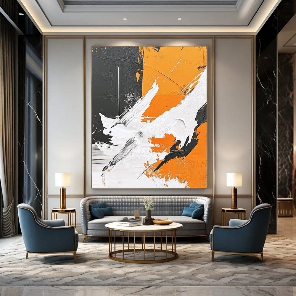 Contemporary hand-painted abstract art featuring thick brushstrokes, geometric elements, and a polar bear silhouette against a gray background with vibrant orange and white details. DLZ0653