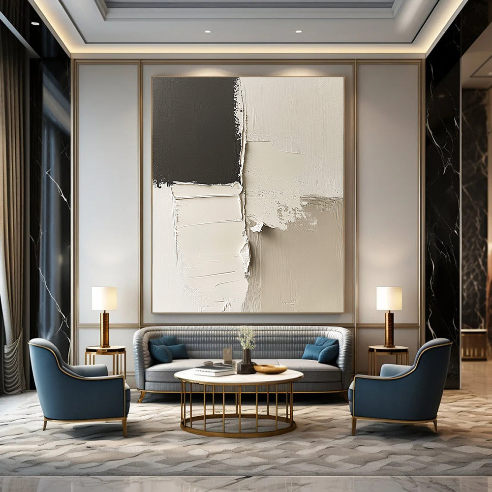 Contemporary abstract artwork features striking black and white impasto shapes and minimalist lines on a canvas with deconstructed paper elements in neutral tones. DLZ0524