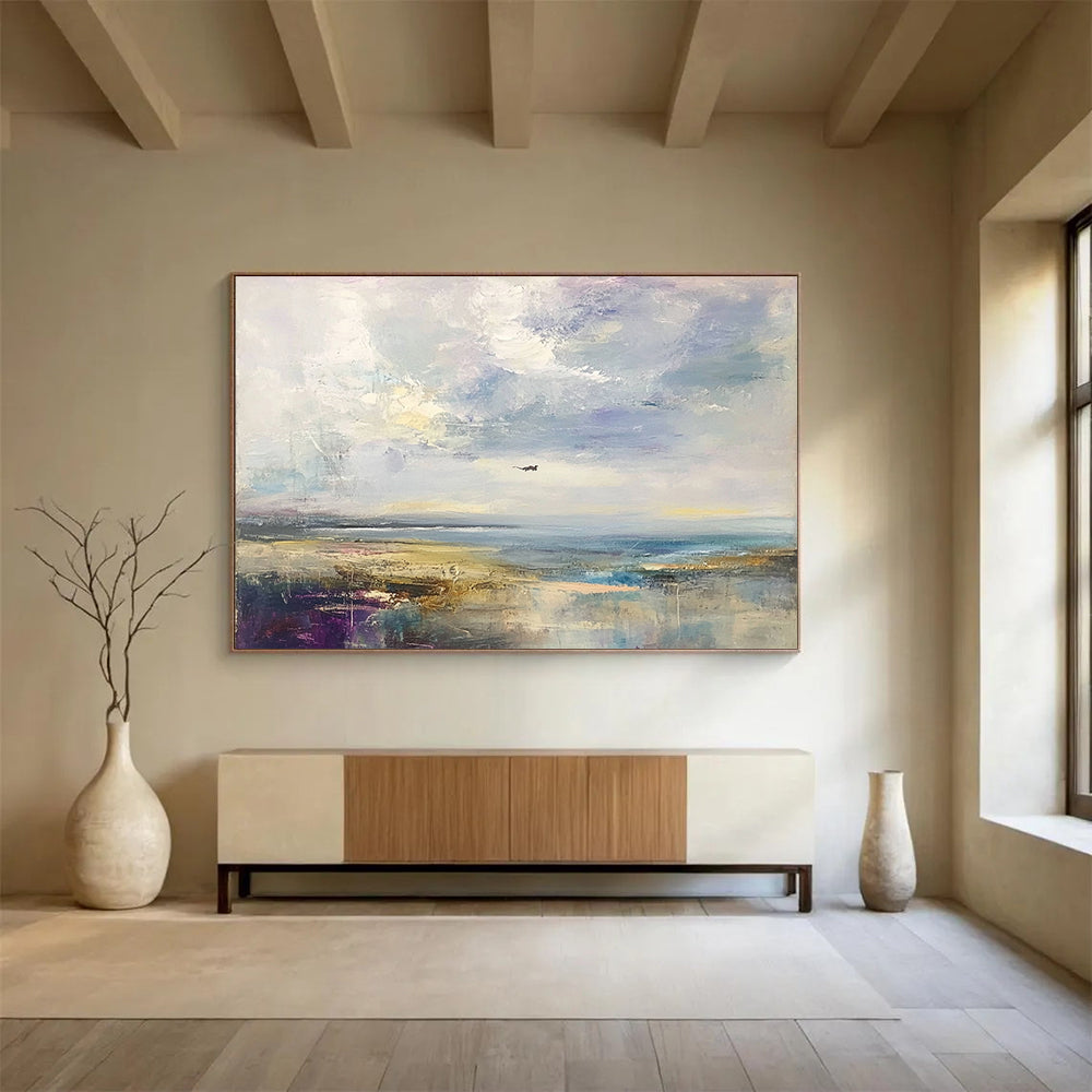 “Impressionist Seaside” - Purple, blue, beige, Impressionist Landscape Painting HB0644