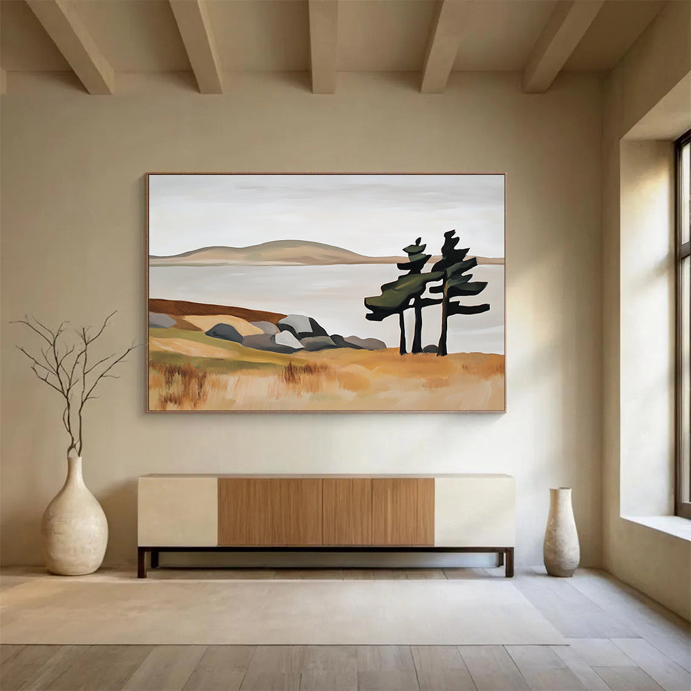 “Minimalist Landscape with Trees” - Beige, Green, Gray, Simplified Nature Scene - Acrylic Painting HB1647