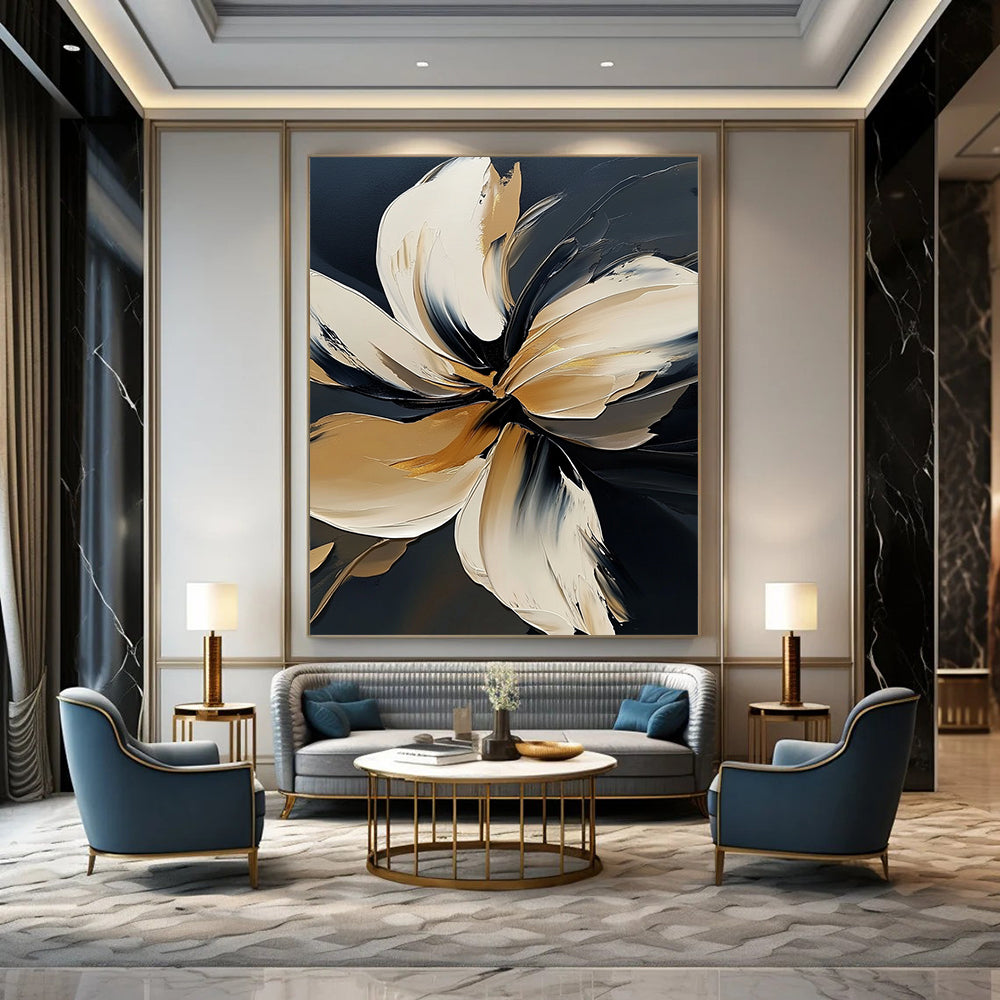 Contemporary abstract floral painting in bold white on black, featuring elegant detailing and atmospheric brushstrokes with golden highlights in high resolution. DLZ0826