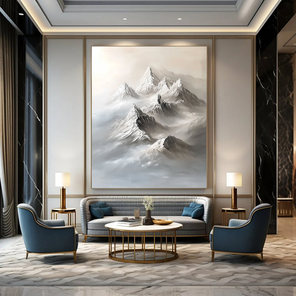 Abstract contemporary artwork featuring a large snow-capped mountain range in a minimalist gray palette with bold brushstrokes and ethereal fog. DLZ1289