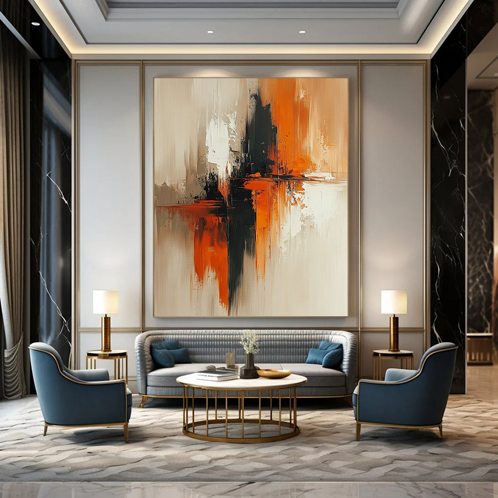 Contemporary abstract artwork features beige and rust tones, vertical composition, large brush strokes, soft edges, and blurred details on textured canvas. DLZ0727