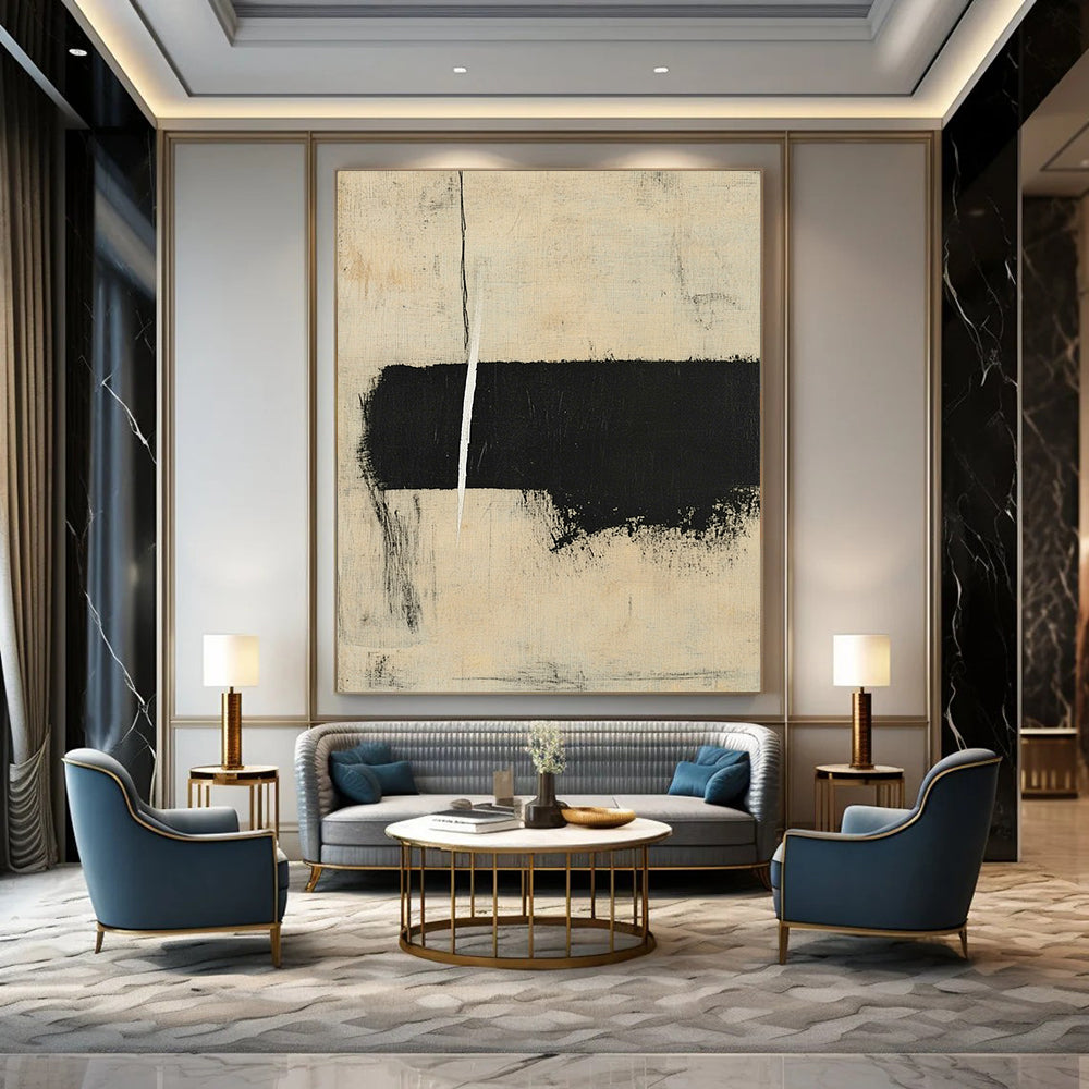 Large contemporary hand-painted abstract art featuring minimalistic shapes and brush strokes in black and beige with ample negative space. DLZ0941