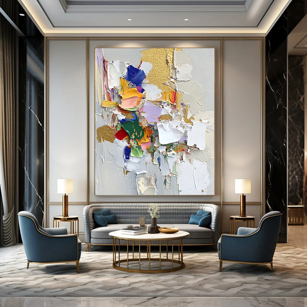 Contemporary abstract artwork featuring palette knife textures thick brush strokes and vibrant fabric pieces on textured paper with gold leaf highlights. DLZ0716