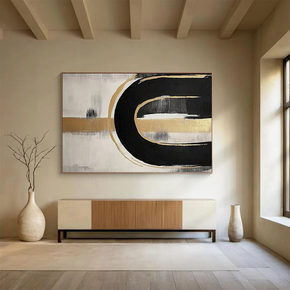 Black, Gold and White Abstract Curves "Elegant Flow" Painting On Canvas HB0412