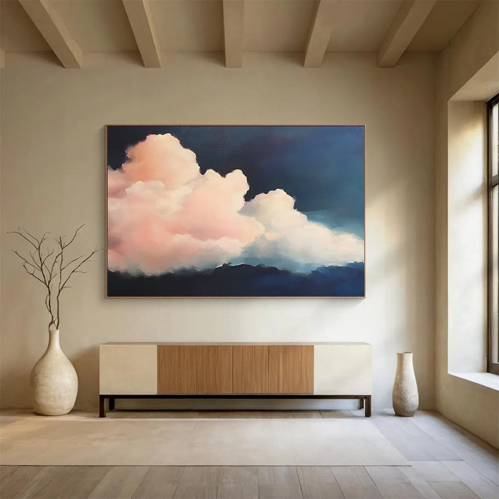 “Pink Clouds at Night” - Pinks, Blues, Dark Background, Fluffy Clouds Against Night Sky - Realist Oil Painting HB1710