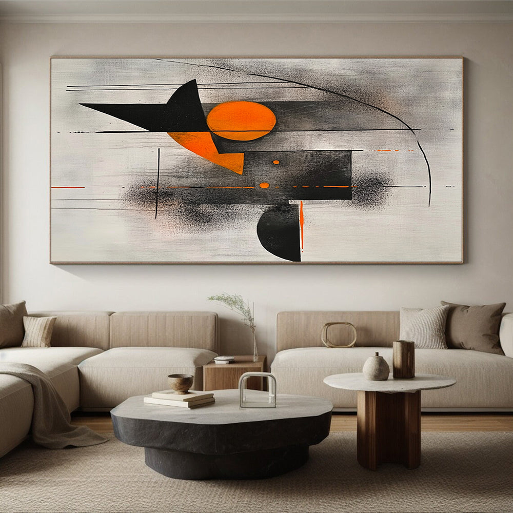 Black, Gray, Orange and White Geometric Abstraction "Harmonious Tension" Painting On Canvas HB327