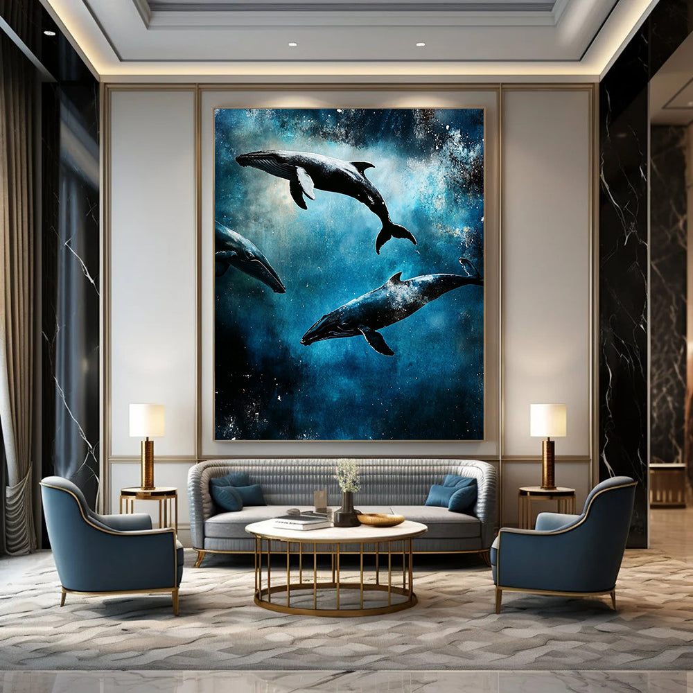 Abstract artwork showcasing ocean whales in cosmic space, featuring intricate underwater scenes, capturing a dark gritty aesthetic in digital painting style. DLZ1251