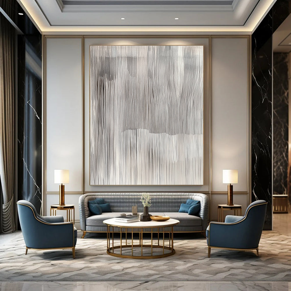 Contemporary hand-painted abstract art featuring undulating grey and white vertical stripes, evoking tranquility and capturing nature's beauty through textured geometric patterns. DLZ0862
