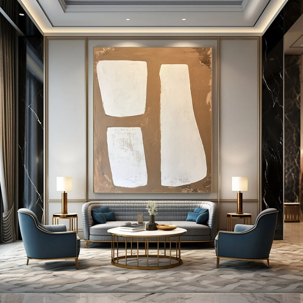 Contemporary large-scale abstract painting features soft edges with a minimalist style in brown and white tones showcasing visible brush strokes on wood panel. DLZ1749