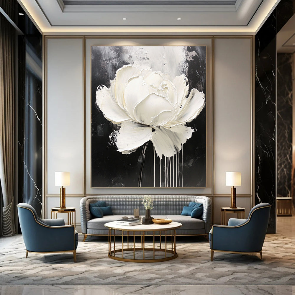 Contemporary abstract oil painting featuring a white rose with dripping paint on a minimalist black and gray background, showcasing intricate details and expressive petals. DLZ0829