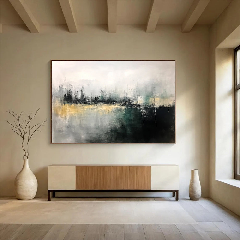 “Gray - Green Abstract Cityscape” - Gray, Green, Abstract Cityscape Painting On Canvas HB1112
