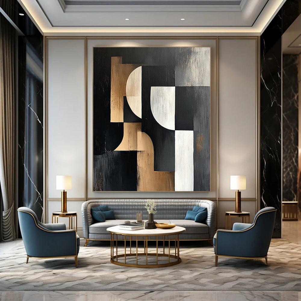 Large contemporary abstract painting featuring bold black white and beige shapes on a dark gray background with a textured canvas finish. DLZ1373