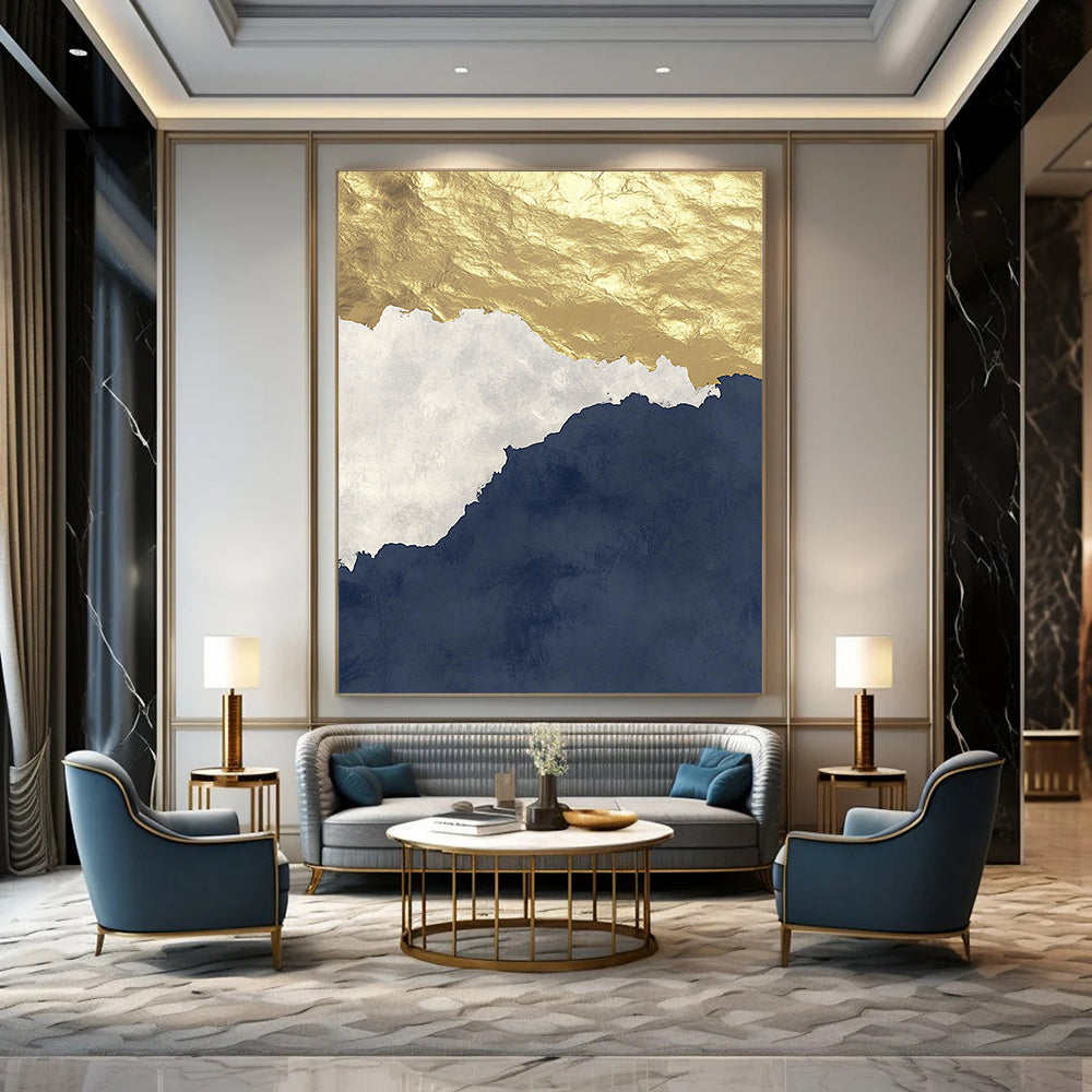 Contemporary abstract artwork features gold and navy tones on a white background with calming waves and dark grey gradient effects with golden foil accents. DLZ0268