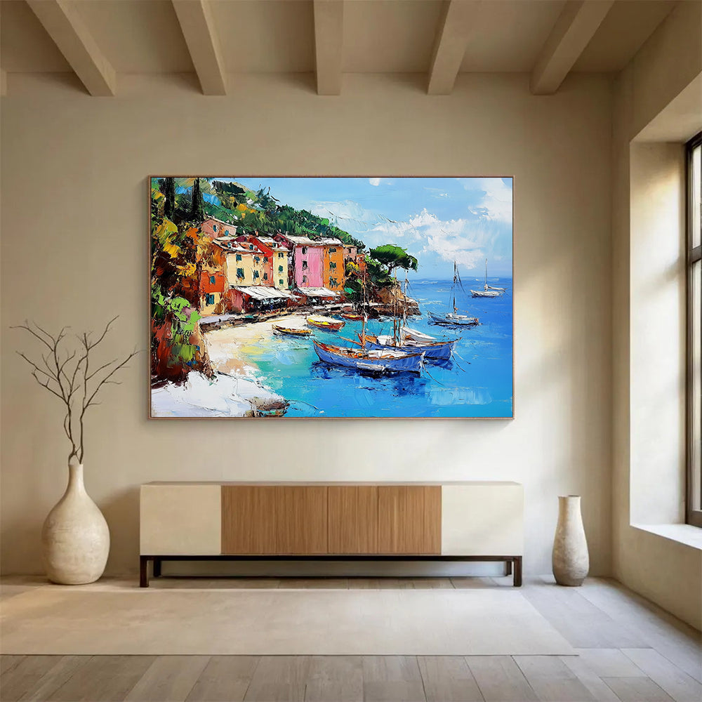“Coastal Village Charm” - Vibrant Colors, Mediterranean Village by the Sea - Impasto Oil Painting HB1746