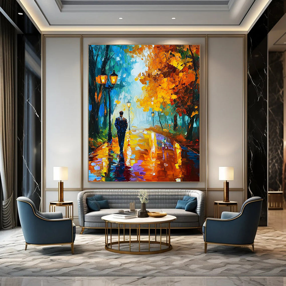 Vibrant contemporary abstract painting of a man strolling through an autumn park filled with colorful trees and glowing street lamps reflecting rain on his suit. DLZ1305