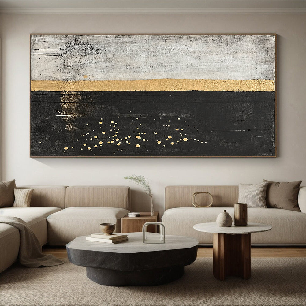 Gray, Gold & Black Split Dots - “Ethereal Boundary” Painting On Canvas HB197