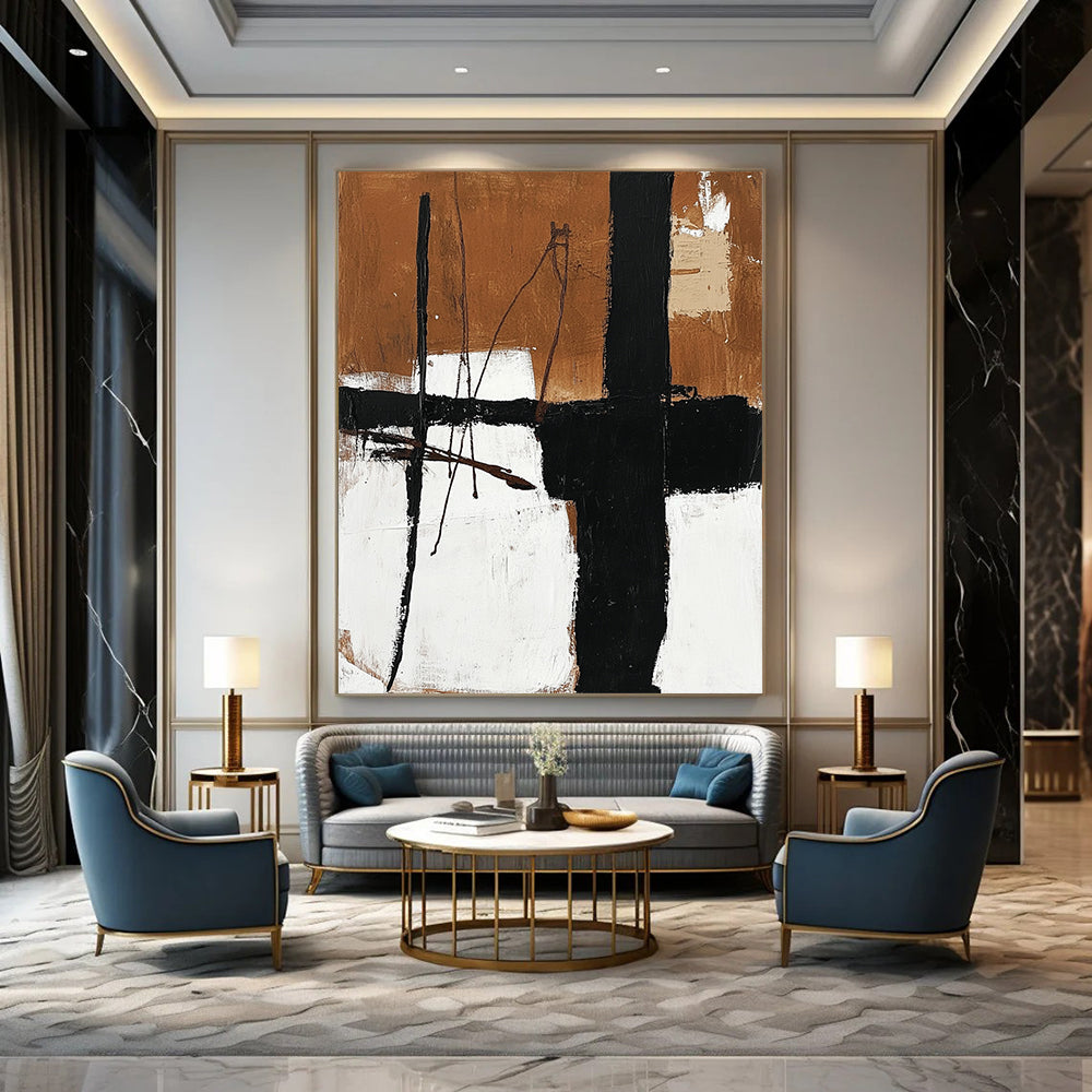 Contemporary abstract oil painting featuring black and white elements with brown lines on a neutral background showcasing earthy tones and minimalistic design. DLZ0311