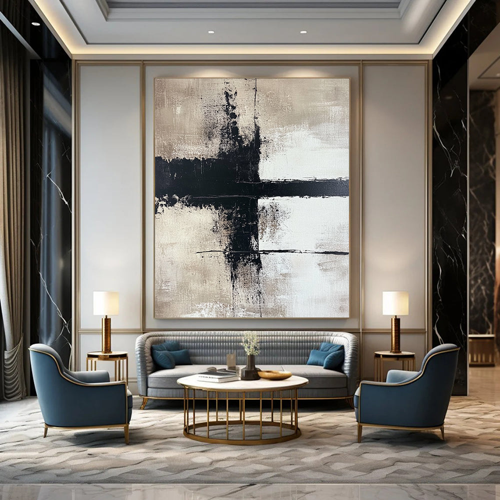 Large contemporary hand-painted abstract art featuring bold brushstrokes on a beige background with high contrast and a minimalist style creating strong visual impact. DLZ0507