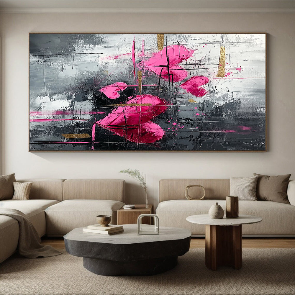 Pink Hearts, Gray Background & Gold Accents - “Elegant Romantic Fusion” Painting On Canvas HB213