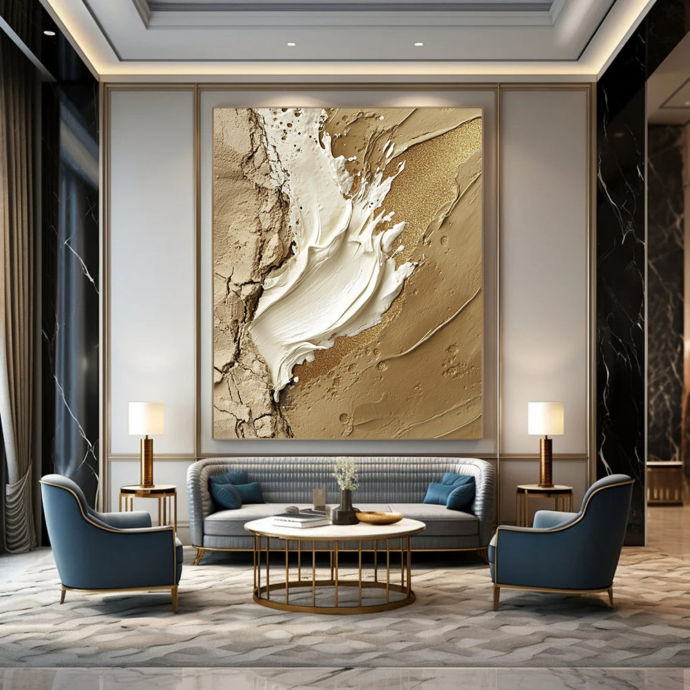 Contemporary hand-painted abstract art featuring a central white paint stroke adorned with gold glitter accents on a rugged stone-like background. DLZ1195
