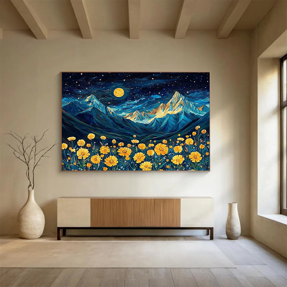 “Moonlit Mountain Flowers” - Blue, Yellow, Mountain & Floral Oil Painting On Canvas HB0718