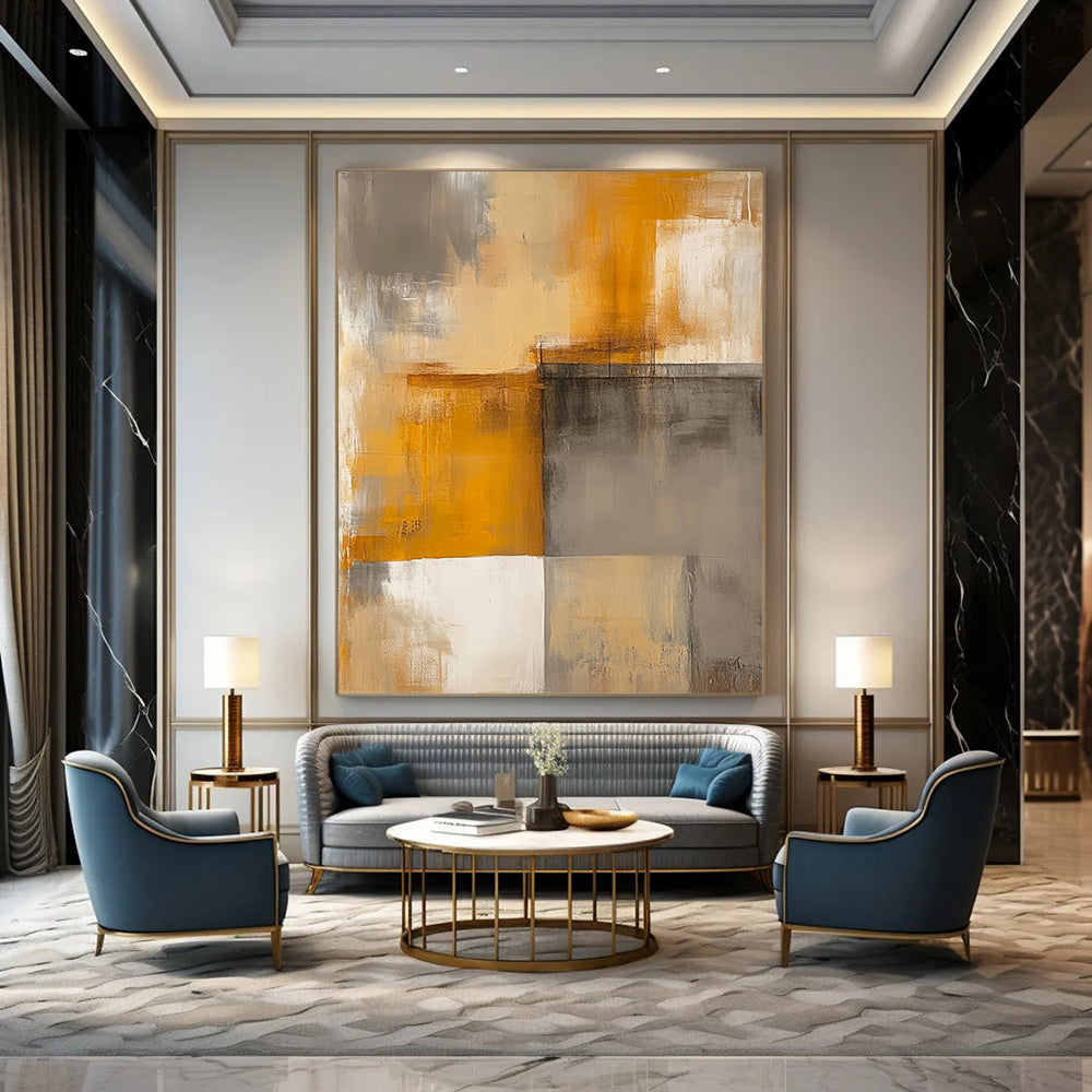 Contemporary hand-painted abstract art featuring faded beige and grey tones with warm yellow accents and simple geometric shapes. DLZ0516
