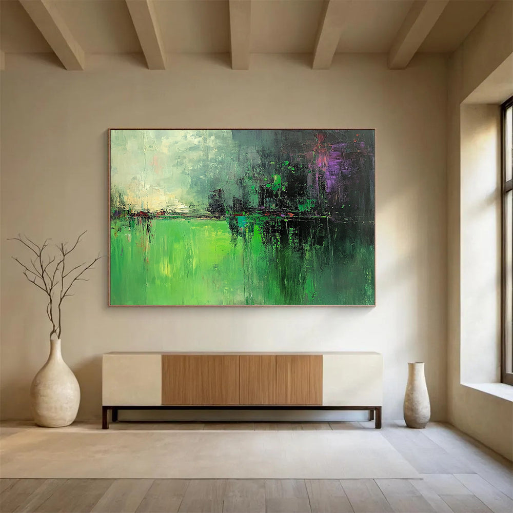 “Green Abstract Landscape” - Green, Purple, Gray, Abstract Landscape Painting On Canvas HB0989